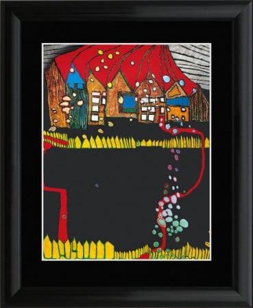 Friedensreich Hundertwasser: "Häuser im Schnee im Silberregen mit rotem Weg", Artprint