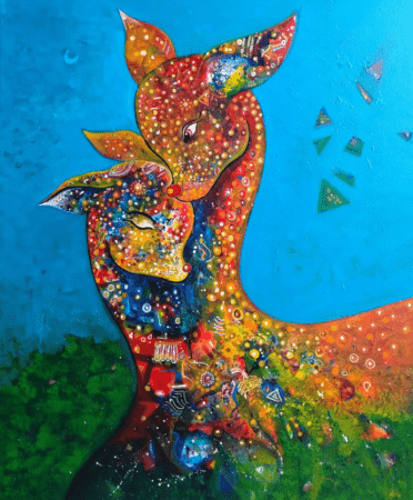 Abstrakte Malerei „Mother and Child“ (2017) von Sanjay Punekar, Acryl auf Leinwand (Unikat)