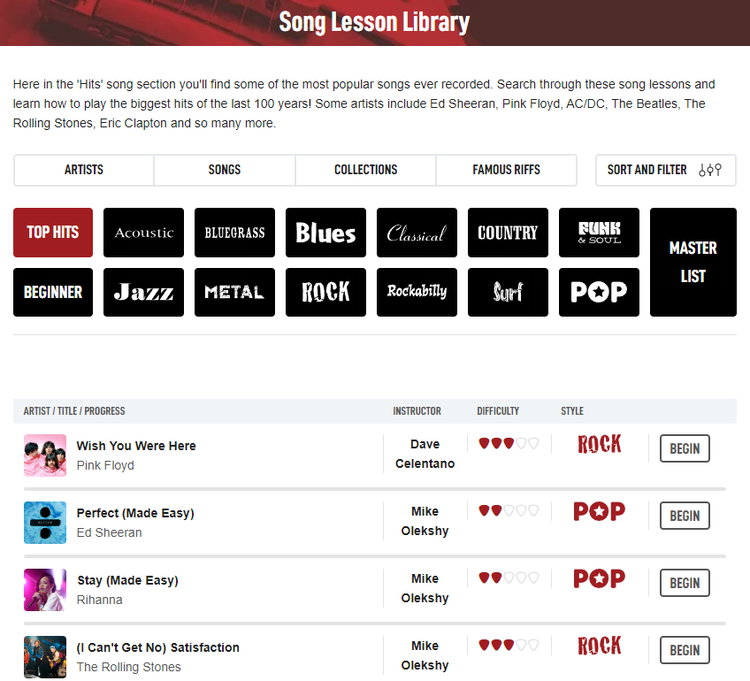 Die Rock-lastige Song-Bibliothek von GuitarTricks kann nach Genre, Interpret und nach Beliebtheit gefiltert werden