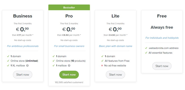 Kostenlose Basisversion, eigene Domain ab Lite und werbefreie Homepage inkl. Online Shop ab Pro