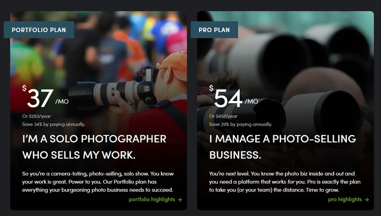 37 USD / Monat für Solo-Fotografen (Portfolio Plan) & 54 USD / Monat für Pro Plan mit Marketing-Funktionen