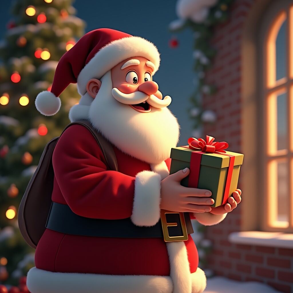 a wholesome animation key shot of santa claus giving presents, medium shot, studio ghibli, pixar and disney animation, sharp, very detailed, high resolution, rendered in unreal engine 5, anime key art by greg rutkowski, bloom, dramatic lighting