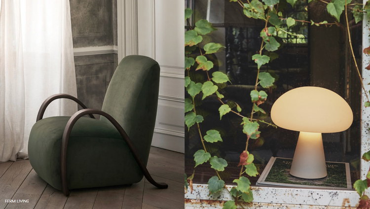 Grounding Maximalism mit dem Buur lounge chair Rich Velvet von ferm living (links) und der Obello Tischleuchte von GUBI (rechts)