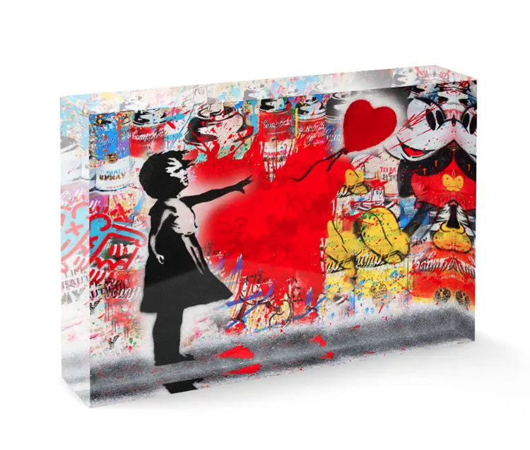 Von Banksy inspiriertes Kunstwerk "Flying Love" als stehender Acrylblock