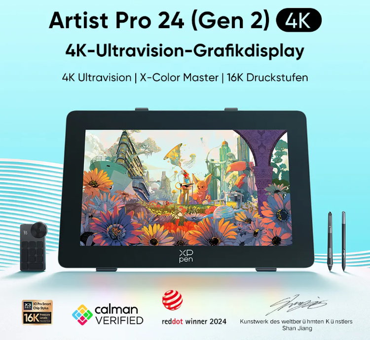 XPPen Artist Pro 24 Gen2 4K Ultra HD Zeichentablett, Dual 16.384 Druckstufen Stylus, Kabelloses Keydial, 99% Adobe RGB, △E<1 Vollaminiertes Display 23.8"