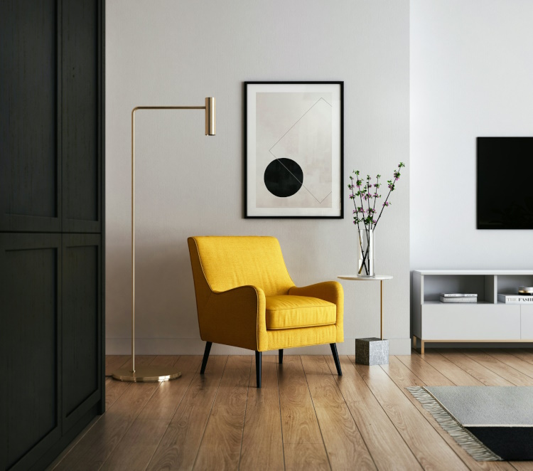 Das minimalistisch-abstrakte Bild fügt sich nahtlos in das puristische Interieur ein