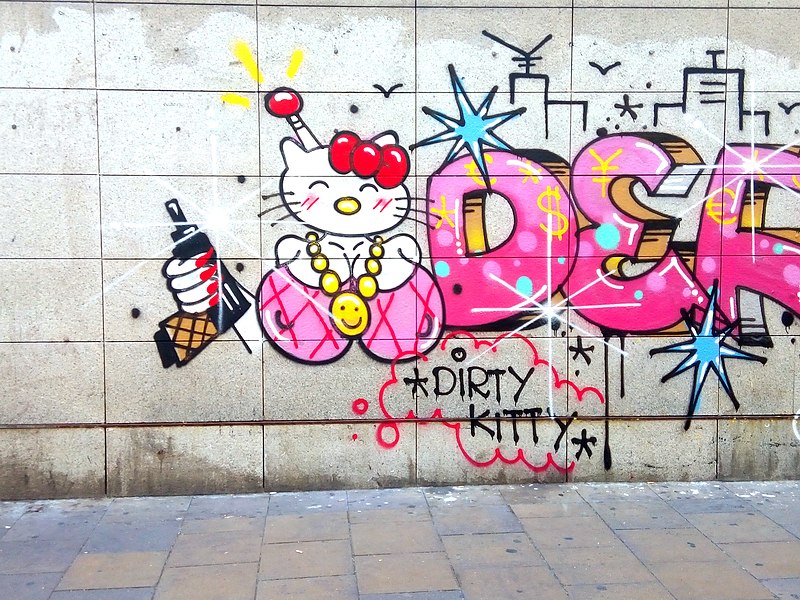 Dirty-Kitty-Graffiti, basierend auf der Figur von Hello Kitty!, im Stadtteil Gràcia in Barcelona