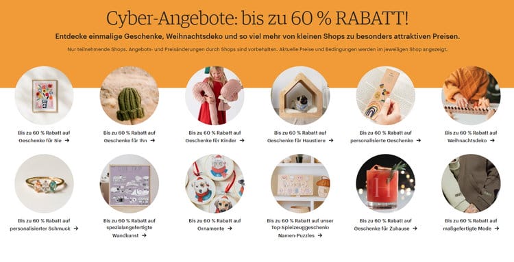 Etsy bietet einmalige Geschenke, Weihnachtsdeko und so viel mehr von kleinen Shops zu besonders attraktiven Preisen - bis zum Cyber Monday um bis zu 60% reduziert.