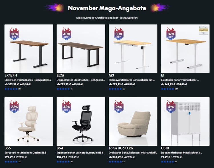 Mega November Deals bei FlexiSpot (Auswahl). Dazu gibt es Flash-Sales, Blitzangebote mit bis zu 88% Rabatt und 50% Cashback-Aktionen