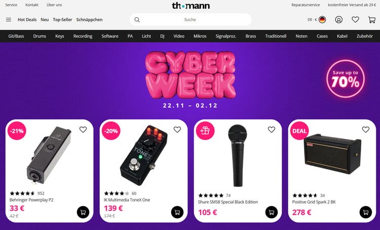 Thomann bietet in der Cyber Week Rabatte bis zu 70%