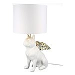 Weiße Tischlampe "Flying Bulli", Bulldogge mit goldfarbenen Flügeln