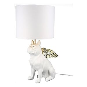 Weiße Tischlampe "Flying Bulli", Bulldogge mit goldfarbenen Flügeln