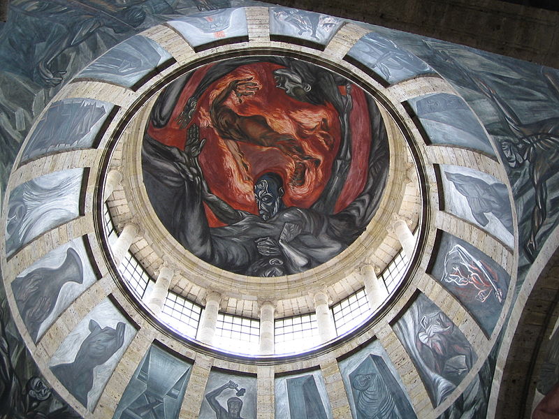 Wandgemälde aus Orozco, das „el Hombre de Fuego“ darstellt, im Hospicio Cabañas, Guadalajara, Jalisco, Mexiko