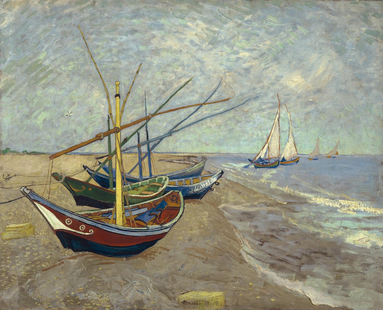 Fischerboote am Strand von Les Saintes-Maries-de-la-Mer von Vincent van Gogh