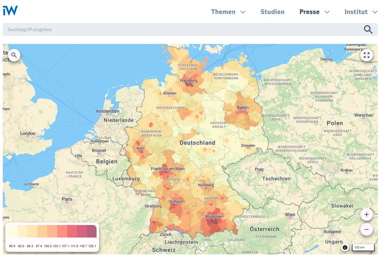 Eine neue Studie des Instituts der deutschen Wirtschaft (IW) und des Bundesinstituts für Bau-, Stadt- und Raumforschung (BBSR) von 2023 beziffert erstmals die Lebenshaltungskosten für alle 400 Kreise und Städte in Deutschland.