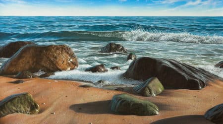 Fotorealistisches Küstengemälde "Am Meer" von Gerd Bannuscher, Farbenprächtiges Giclée auf Leinwand