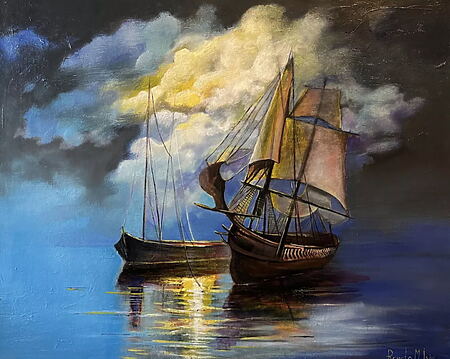 Marinemalerei "Little Ranger - Bartholomew Roberts Ship" (2024) von Reneta Isin, Öl auf Leinwand