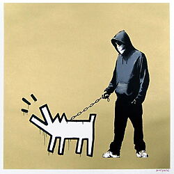 Berühmtes Street Art "Choose Your Weapon (Gold) VIP" (2010), von Banksy signiert, limitierter Siebdruck