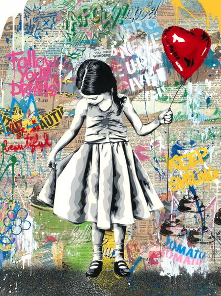 Mr. Brainwash: "Beautiful Girl" 2023 - Street Art Hommage an Banksy, Acryl + Sprühfarbe auf Papier