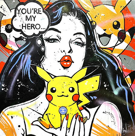 Pop Art Gemälde "Pikachu is my hero" (2023) von Patrick Cornée