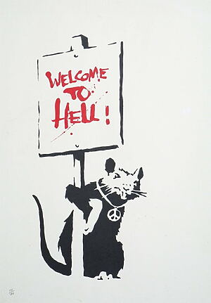 Ikonisches Street Art „Welcome To Hell (Red)“ (2004) von Banksy, limitierter Siebdruck auf Metall