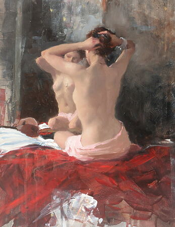 Weiblicher Akt "Nude , Hair Arrangement on Red" (2019) von Michael Alford