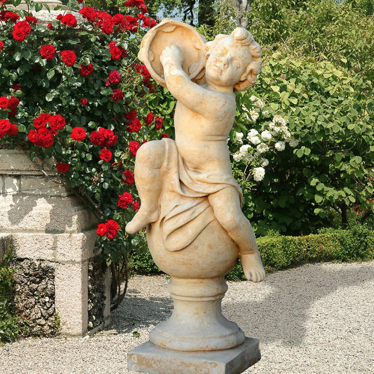 Barocke Gartenskulptur Tamburo, romantische Steinfigur