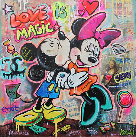 Pop-Art Gemälde "Love is magic - Mickey and Minnie" (2024) von Kristin Kossi