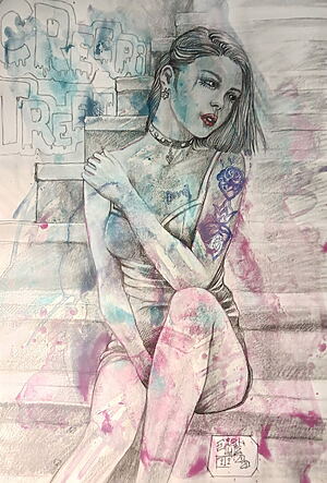 Mixed-Media-Aquarellgemälde "Inked girl 2" (2020) von Gianluca Citi