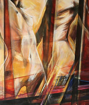 Erotische Acrylmalerei "Dancing on Dangerous Grounds" (2006) von Arno Bruse