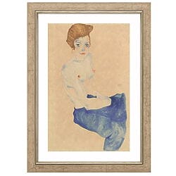 Aktzeichnung "Sitzendes Mädchen mit nacktem Oberkörper und blauem Rock" (1911) von Egon Schiele, limitierte Reproduktion