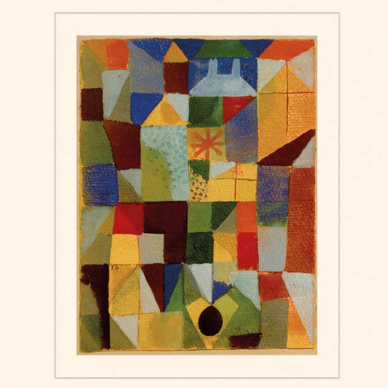 "Städtische Komposition m. d. gelben Fenstern" (1919) von Paul Klee, Reproduktion auf Bütten