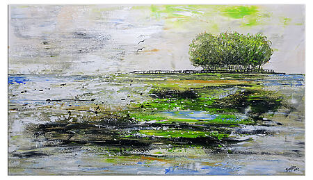 Die Insel abstraktes Gemälde Leinwand Baum See Natur grün grau handgemalt